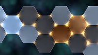 Glowing hexagonal shapes with golden light effects on dark background create modern technological pattern for business presentation designs.