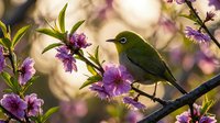 Small green songbird perched on flowering branch with purple blossoms in soft natural light creating peaceful spring garden scene.