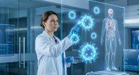 Female scientist in white lab coat analyzing virus molecules on futuristic holographic display with human anatomy model in modern laboratory setting.
