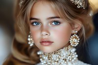 Young blonde woman with striking blue eyes wearing pearl jewelry and delicate floral accessories, soft makeup and natural pink lips against dark background.