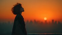 Young African American man silhouette against vibrant orange sunset sky looking up with hope and contemplation over city skyline for inspirational content.