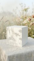 White cube product display stand with delicate wildflower and herb silhouettes, positioned on linen fabric against soft-focus botanical garden background for cosmetics, skincare, and luxury brand packaging.