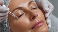 Close-up of middle-aged woman receiving facial serum treatment with dropper in beauty salon, gloved hands of cosmetologist visible during skincare procedure.