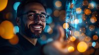 Smiling bearded Asian man in glasses illuminated by warm bokeh lights and blue glow, creating atmospheric nighttime portrait with magical sparkle effect.