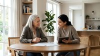 Two women having friendly conversation at wooden dining table in bright modern home interior with natural light from windows.