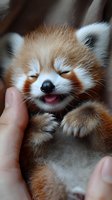 Adorable red panda cub showing pure joy while being tickled, displaying playful expression with closed eyes and wide smile against soft brown background.