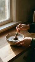 Artist cleaning paintbrush in ceramic bowl with water by window on wooden table in natural light studio workspace for art and creativity projects.