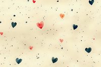 Romantic seamless pattern with scattered watercolor hearts in navy blue and coral pink on beige background with tiny stars and dots, tiles into single design.