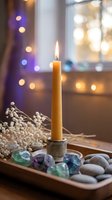 Burning yellow candle with healing crystals and dried flowers on wooden tray creates peaceful meditation atmosphere with warm bokeh lights background.