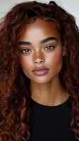 Close up portrait of young African American woman with curly auburn hair, freckles, and natural makeup wearing black top. Soft studio lighting highlights facial features.