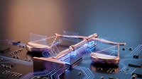 Transparent glass laboratory equipment and beakers arranged on illuminated circuit board with glowing blue and copper pathways, representing science and technology integration.