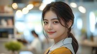 Young Asian woman with ponytail smiling at camera in bright cafe setting with bokeh lights in background.