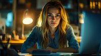 Focused young Caucasian woman with long blonde hair working late at computer in dimly lit office environment, illuminated by desk lamp.