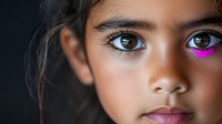 Young South Asian girl with intense brown eyes and glowing pink neon makeup accent, dramatic studio portrait against dark background with soft lighting highlighting facial features.