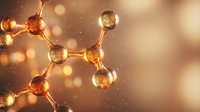 Golden molecular structure with connected atoms and bonds on warm bokeh background for scientific research and chemistry education.
