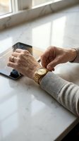 Senior man hands with gold watch using tablet computer on marble surface near window with natural sunlight for digital technology and aging concepts.