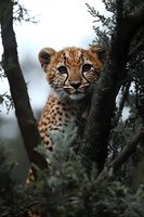Young leopard cub peering through tree branches with curious expression, dark moody atmosphere creates dramatic wildlife scene in natural habitat.