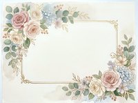 Vintage floral frame with roses, hydrangeas, and greenery in soft pastels. Gold ornamental border on cream background. Perfect for wedding invitations, greeting cards, and stationery designs.