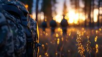 Backpack silhouette against golden forest sunset with bokeh lights and wild grass in foreground, creating atmospheric outdoor adventure scene at dusk.