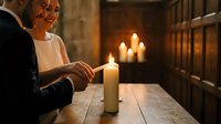Senior Caucasian woman lighting white candle in rustic stone cellar with warm atmospheric glow creating peaceful meditation moment for spiritual wellness content.