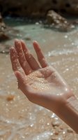 Female hand catching water drops in sunlight against blurred beach background, creating magical sparkle effect and bokeh. Natural skincare and wellness concept.