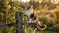 Brown and white long-haired cat perched on wooden fence post among flowering vines and green foliage in sunlit garden setting, suitable for pet and nature content.