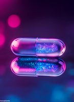 Glowing pharmaceutical capsule with sparkling blue contents reflecting on glossy surface against purple background with bokeh lights and dreamy atmosphere.