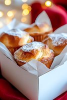 Fresh baked cream puffs dusted with powdered sugar in white box against festive red background with soft bokeh lights, close-up macro food photography.