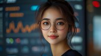 Young Asian businesswoman in glasses smiling confidently against blurred trading charts and market data display background, professional corporate portrait.