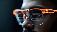 Computer screen reflection in orange-framed glasses showing data analytics interface, close up view of young Asian male professional monitoring digital charts.