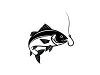 Black fish silhouette with fishing hook on white background. Isolated sport fishing logo design element for angling equipment and tackle shop branding.