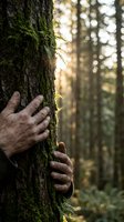 Human hands embracing moss-covered tree trunk in sunlit forest connecting with nature and environmental conservation outdoors.
