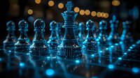 Digital chess pieces glowing with blue circuit patterns on reflective surface against dark background with bokeh lights, representing artificial intelligence and strategy.