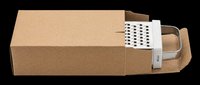 Kraft cardboard shipping box with integrated paper handle and tear strip, isolated on transparent background, ready for packaging design, e-commerce mockups, print-on-demand, and product labeling applications.