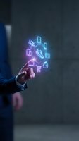 Businessman hand touching holographic shopping icons with neon glow effects representing digital commerce and online retail technology concepts.