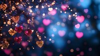 Glowing heart shapes and bokeh lights creating romantic atmosphere against dark blue background, pink and gold sparkles for Valentine's Day celebrations and love themes.