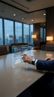 Businessman in suit using futuristic transparent tablet with glowing financial charts in modern high-rise office at dusk.