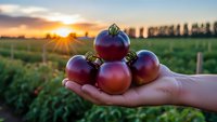 Fresh ripe tomatoes in farmer's hand at sunset in agricultural field. Organic vegetable harvest concept for healthy eating and sustainable farming.