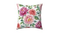 Floral throw pillow with pink peonies and roses on white background, isolated design ready for home decor, textile, and fabric applications.
