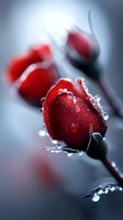 Red rose bud with morning dew drops and frost in soft focus. Macro photography captures crystalline water droplets on delicate petals against blurred gray background.