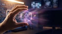 Hands holding glowing hexagonal symbol with digital network lines in futuristic tech environment for innovation and technology concepts.