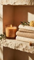 Lit candle with self care text on stone shelf beside folded waffle towels, sponge and olive branch in warm neutral spa setting.