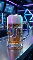 Futuristic beer mug with digital circuit board patterns and neon lighting in cyberpunk tech environment for gaming and technology concepts.