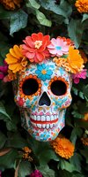 Mexican sugar skull decorated with colorful floral patterns and crowned with orange, pink, and red flowers against green foliage background for Day of Dead celebration.