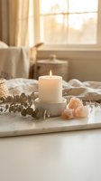Cozy bedroom scene with burning candle, eucalyptus leaves and rose quartz crystals on white tray creating peaceful spa atmosphere for relaxation and wellness.