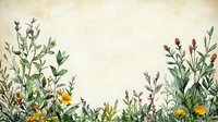 Vintage botanical border with wild meadow flowers and herbs in watercolor style against aged paper background, natural floral arrangement at bottom frame.