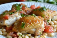 Juicy chicken thighs with crispy golden skin served on white beans and fresh tomatoes, garnished with chopped herbs and seasonings in close-up view.