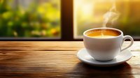 Steaming cup of fresh coffee on wooden table by window with blurred garden background and warm morning sunlight creating cozy atmosphere.