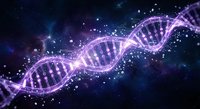 DNA double helix structure glowing in purple light against cosmic space background with stars and nebula for genetic research and biotechnology concepts.