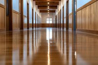 Long empty corridor with polished wooden floor and wainscoting, illuminated by natural light from windows. Exposed wooden beams on ceiling create dramatic perspective.